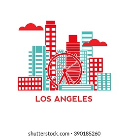 Los Amgeles city architecture retro vector illustration, skyline city silhouette, skyscraper, flat design