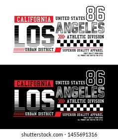 Los Angeles 86 typography. T-shirt graphics with race flag. Vector illustrations