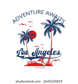 Los Angeles Adventure Awaits Palm Tree Sunset Art.
Adventure-themed Los Angeles palm tree and sun design. Suitable for urban streetwear, summer t-shirts, and California lovers.