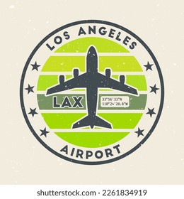 Los Angeles airport insignia. Round badge with vintage stripes, airplane shape, airport IATA code and GPS coordinates. Cool vector illustration.