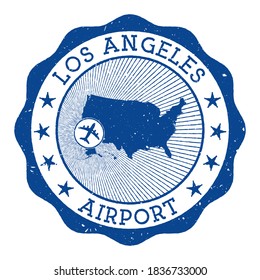 Los Angeles Airport stamp. Airport of Los Angeles round logo with location on United States map marked by airplane. Vector illustration.