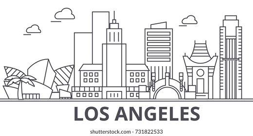 Ilustración de líneas de la arquitectura de Los Ángeles. Paisaje de ciudad vectorial lineal con puntos de referencia famosos, vistas de la ciudad, iconos de diseño. Paisaje con trazos editables