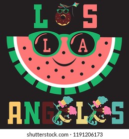 Los Angeles Athletics typography stamp, California t-shirt vector emblem graphics, vintage sport wear design illustration. Cute watermelon Summer sweets. Color ice cream, fruit and donuts