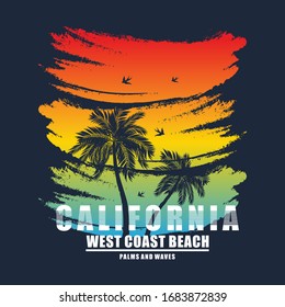 Los Angeles  beach Typography Graphics. T-shirt Printing Design for sportswear apparel. CA original wear. Concept in vintage graphic style for print production. Palms, wave and seagull. Vector