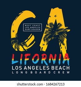 Los Angeles  beach Typography Graphics.T-shirt Printing Design for sportswear apparel. CA original wear. Concept in vintage graphic style for print production. Palms, wave and seagull. Vector