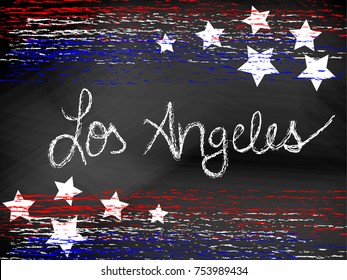 Los Angeles CA headline written in chalkboard text with red white and blue patriotic chalk lines and stars. Hand written / drawn text, vector format. Useful for 4th of July or Memorial Day projects
