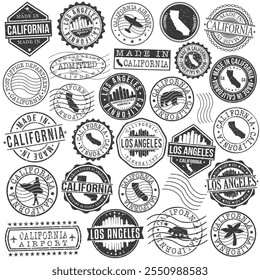 Los Angeles, CA, EUA Conjunto de selos. Marcas de viagem da cidade. Fabricado Em Produto. Design Seals Estilo Antigo Insígnia.