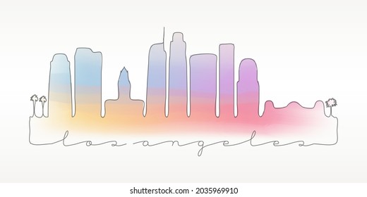 Los Angeles, CA, USA Skyline Watercolor City Illustration. Famous Buildings Silhouette Hand Drawn Doodle Art. Vector Landmark Sketch Drawing.