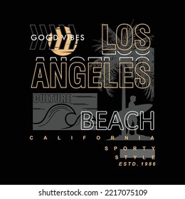 los angeles, calfornia abstract wave silhouette with palm tree. t-shirt design with typography vector