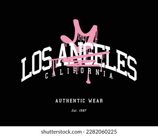 Los Angeles California America slogan text. College style typography and pink crown drawing. Vector illustration design for fashion graphics, t shirt prints.