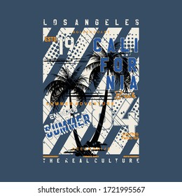 los angeles california beach with abstract background and coconut tree graphic typography vector illustration for print t shirt