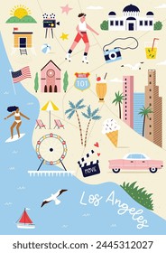 Los Ángeles, California mapa de la ciudad con los símbolos famosos, Lugares famosos, lugares. Diseño de Vector dibujado a mano, póster