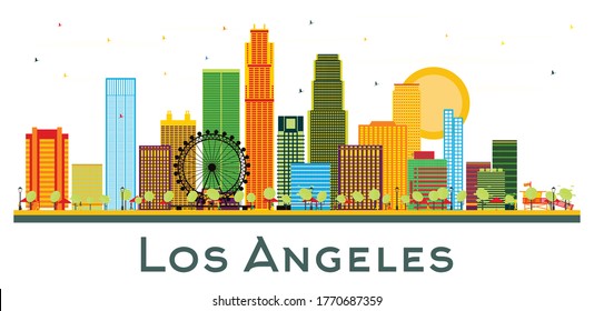 Los Angeles California City Skyline with Color Buildings Isolated on White. Vector Illustration. Business Travel and Tourism Concept with Historic Architecture. Los Angeles USA Cityscape with Landmark