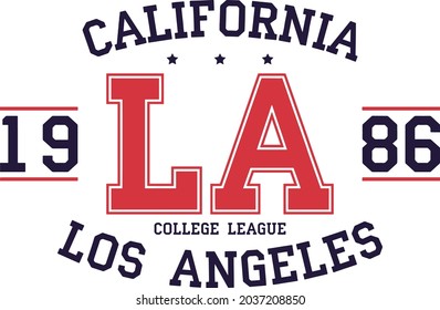 Los Angeles, California, College League 1986 typography for apparel design. Vectors for print products, pants, old sportswear. Vector illustration.