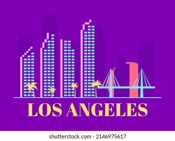 Los Angeles, California. Landscape at sunset with palm trees. City view with skyscrapers and a bridge. Los Angeles city skyline banner for print, poster and promotional items. Vector illustration