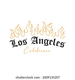 "Los Angeles, California". Letters in black and orange and the representation of fire. Draw and text, sublimation design and Vector T-shirt fashion design.