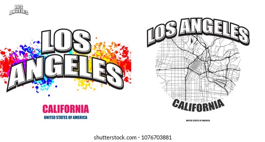 Los Angeles, California, logo design. Two in one vector arts. Big logo with vintage letters with nice colored background and one-color-version with map for every possible print production.