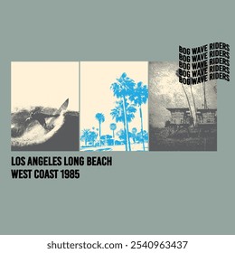 los angeles, califórnia, longa praia elegante t-shirt e vestuário moderno design com palmeiras silhuetas, tipografia, impressão, ilustração vetorial