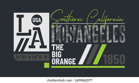 Los Angeles, California, elegante eslogan tipográfico para camiseta. Diseño abstracto con estilo grunge y denim. Impresión vectorial, tipografía, afiche. Swatches globales.