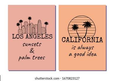 Los Angeles California posters set with palm trees, skyline and text. Black and white line drawing. Great to use as a t-shirt print.  Vector illustration. 