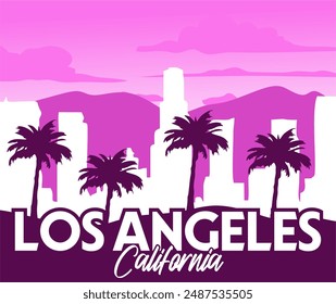 Los Angeles California with purple sky and palm tree silhouettes
