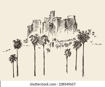 Los Angeles (California) skyline engraved style, hand drawn vector illustration