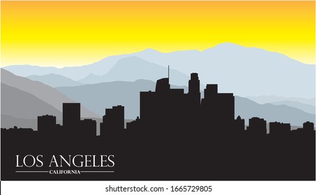 Los Angeles california skyline with mountains and lettering