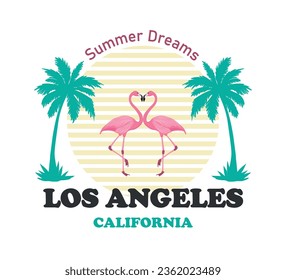 Los Angeles California slogan with flamingos, palm trees and sunset illustration, vector for t shirt graphics