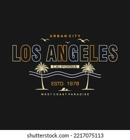los angeles california slogan with palm beach landscape and surf boards vector illustration