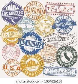 Los Angeles California Stamp Vector Art Postal Passport Travel Design Set Badge.