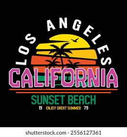 Los Angeles, California, Sunset Beach black base Summer vector artwork for T-shirt graphic.