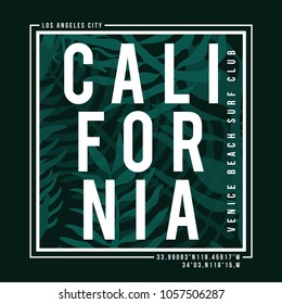 Los Angeles, California surf typography for t-shirt print. Tropical palm leaves texture, t-shirt graphic. Vector