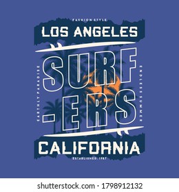 Los Angeles, California Surfers typography  t shirt graphics with tropic palms tree Vector illustration