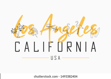 Los Angeles, California t shirt design with slogan and hand drawn illustration of tropical elements. Typography for tee shirt with flamingo, waves, palm trees, tropical leaves and surfboard. Vector.