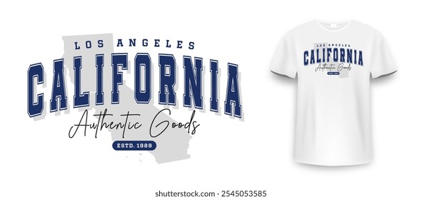 Los Ángeles, California diseño de maqueta de camiseta. Diseño de estampado de camiseta con eslogan en estilo universitario estadounidense. Tipografía atlética para estampado de camiseta en estilo universitario y universitario. Vector