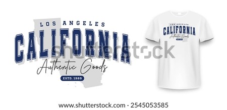 Los Angeles, California t-shirt mockup design. Slogan t-shirt print design in American college style. Athletic typography for tee shirt print in university and college style. Vector