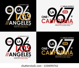 Los Angeles California typography design with a background of black white color, badges set for t-shirt print and other uses. Varsity style design graphics.