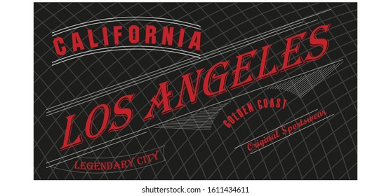 Los Angeles, California typography for design clothes, made on a black background. Graphics for print product, t-shirt, vintage sport apparel. Vector illustration.
