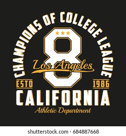 Los Angeles, California typography for design clothes. Graphics for print product, number t-shirt, vintage sport apparel. Vector illustration.