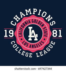 Los Angeles, California typography for design clothes. Graphics for print product, t-shirt, vintage sport apparel. Champions of college league. Vector illustration.