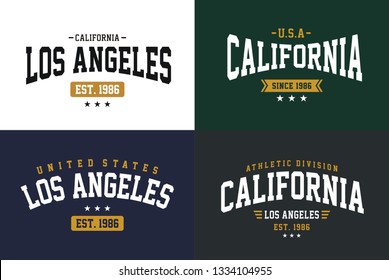 Los Angeles California typography designs, set for t-shirt print and other uses. college style design graphics.