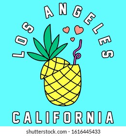 LOS ANGELES CALIFORNIA TYPOGRAPHY WITH A PINEAPPLE AND STRAW, SLOGAN PRINT VECTOR