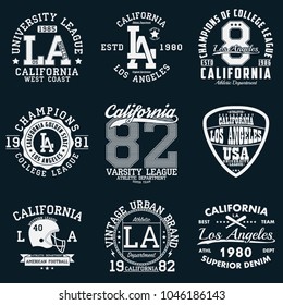 Los Angeles, California typography. Set of athletic print for t-shirt design. Graphics for sport apparel. Collection of tee shirt badge. Vector illustration.