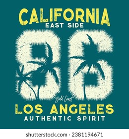 Tipografía de Los Ángeles, California para la impresión de camisetas, ilustración vectorial. diseño gráfico de impresión vectorial, diseño gráfico de camisetas de impresión en paraíso de playa, lema tipográfico sobre fondo de palmeras