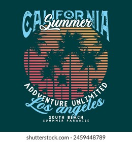 Tipografía de Los Ángeles, California, gráficos de camisetas. Ilustraciones vectoriales. Impresión de graffiti de verano, impresión de texto de graffiti, Vector de palmera, efectos de aerosol para impresión de verano tropical, eslogan para Los Ángeles