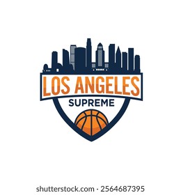 Los Angeles, California, United States of America, city skyline with basketball ball and shield.