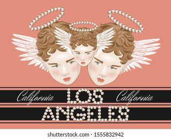 Los Angeles. California.  Vector hand drawn illustration of cupids with inscription of pearls isolated. Creative  artwork. Template for card, poster, banner, print for t-shirt, pin, badge, patch.