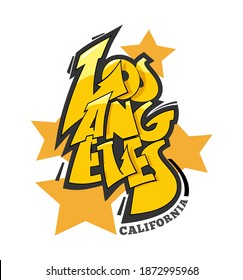 Los Angeles cartoon style hand drawn lettering and California typography on stars background. Can be used for printing on t shirt and souvenirs. Posters, banners, cards, flyers, stickers. 