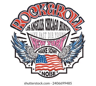 Los Angeles, Chicago, Huston and New York rock tour. Music world tour. Eagle vintage vector t shirt design. Rock and roll with wing logo artwork for apparel and others. USA flag poster design.