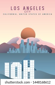 Los Angeles City California Skyline And Mountain View In Sunset Vibes .illustration For Postcard Or Poster Design